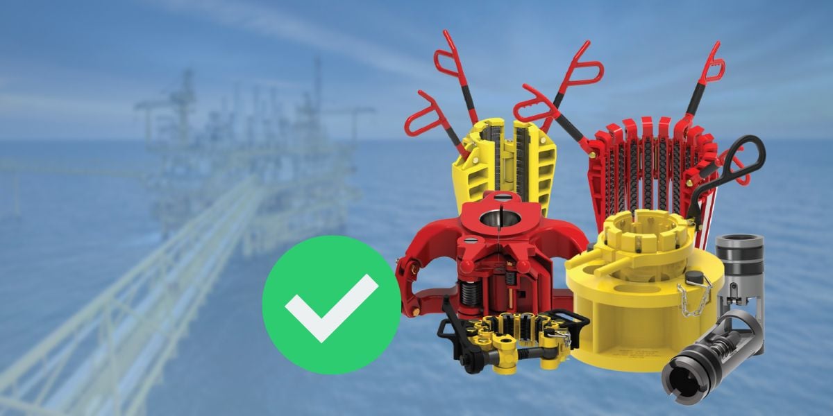 Oilfield tools created by Keystone Energy Tools set in front of a blue background and an oil rig.