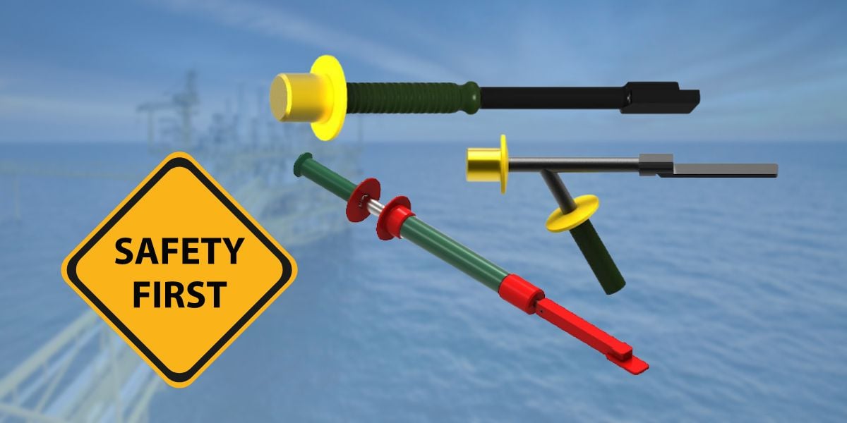 Three different rig tongs made by KeyStone Energy Tools set on top of an offshore background