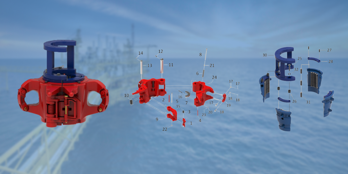 A picture of the HYC-XR 200 Ton Elevator, and two broken down diagrams of the elevator against a blue, oil rig background for Keystone Energy Tools